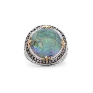 Stephen Dweck Carventurous Hand Carved Natural Quartz and Abalone Ring in Sterling Silver with Champagne Diamonds and 18K Gold Flowers< Rings