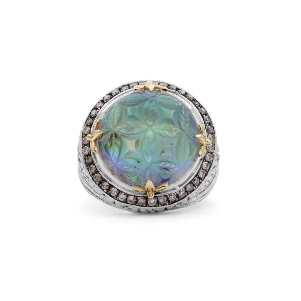 Stephen Dweck Carventurous Hand Carved Natural Quartz and Abalone Ring in Sterling Silver with Champagne Diamonds and 18K Gold Flowers< Rings
