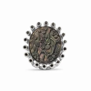 Stephen Dweck Carventurous Hand Carved Tahitian Mother of Pearl and Black Spinel Ring in Sterling Silver Tube Setting< Rings