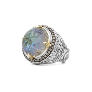 Stephen Dweck Carventurous Hand Carved Natural Quartz and Abalone Ring in Sterling Silver with Champagne Diamonds and 18K Gold Flowers< Rings