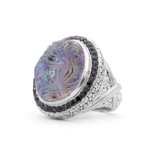 Stephen Dweck Carventurous Hand Carved Natural Quartz and Abalone Ring in Sterling Silver with 0.90ct Black Diamonds< Rings