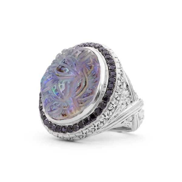 Stephen Dweck Carventurous Hand Carved Natural Quartz and Abalone Ring in Sterling Silver with 0.90ct Black Diamonds< Rings
