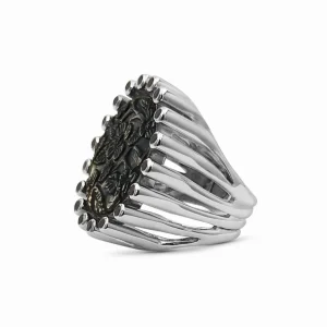 Stephen Dweck Carventurous Hand Carved Tahitian Mother of Pearl and Black Spinel Ring in Sterling Silver Tube Setting< Rings