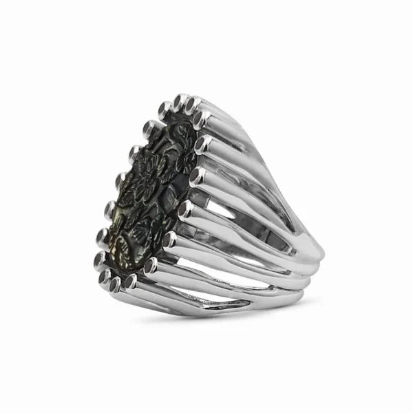 Stephen Dweck Carventurous Hand Carved Tahitian Mother of Pearl and Black Spinel Ring in Sterling Silver Tube Setting< Rings