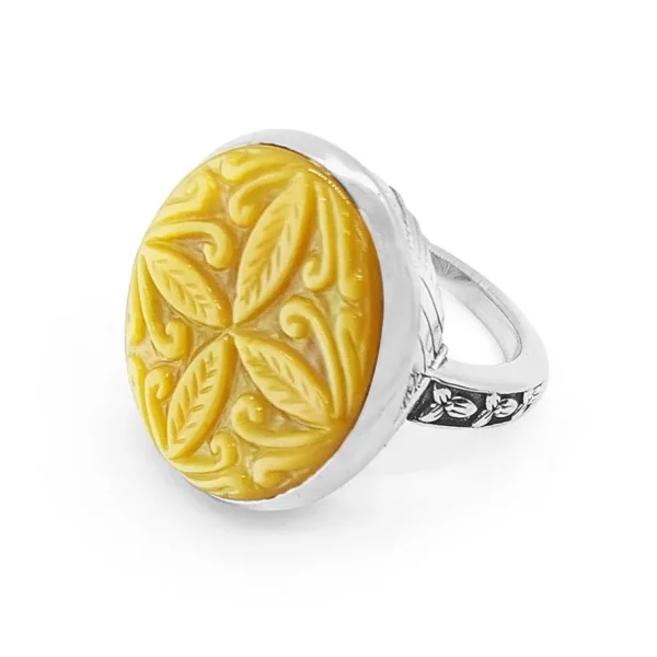 Stephen Dweck Carventurous Hand Carved Yellow Mother of Pearl Ring in Sterling Silver< Rings