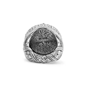 Stephen Dweck Carventurous Hand Carved Natural Quartz and Abalone Ring in Sterling Silver with Champagne Diamonds and 18K Gold Flowers< Rings
