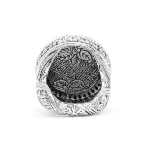 Stephen Dweck Carventurous Hand Carved Natural Quartz and Abalone Ring in Sterling Silver with 0.90ct Black Diamonds< Rings