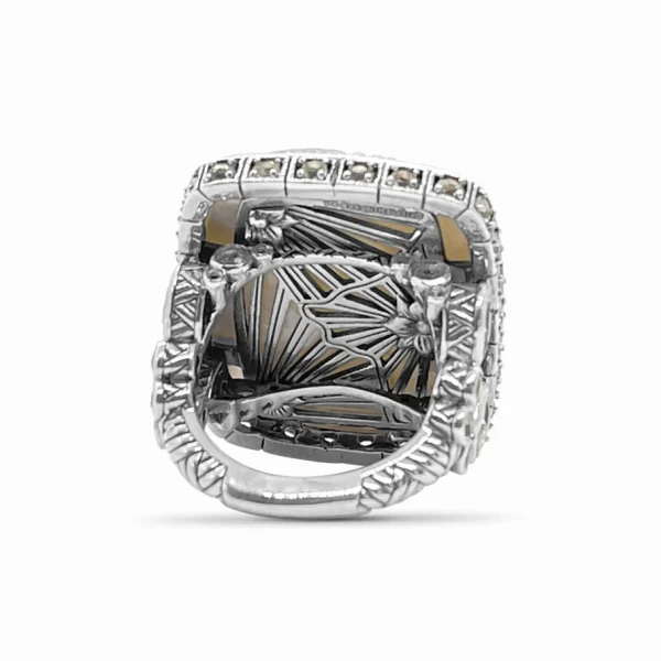 Stephen Dweck Carventurous Hand Carved Mother of Pearl Rainbow Moonstone and Natural Quartz Ring in Sterling Silver< Rings