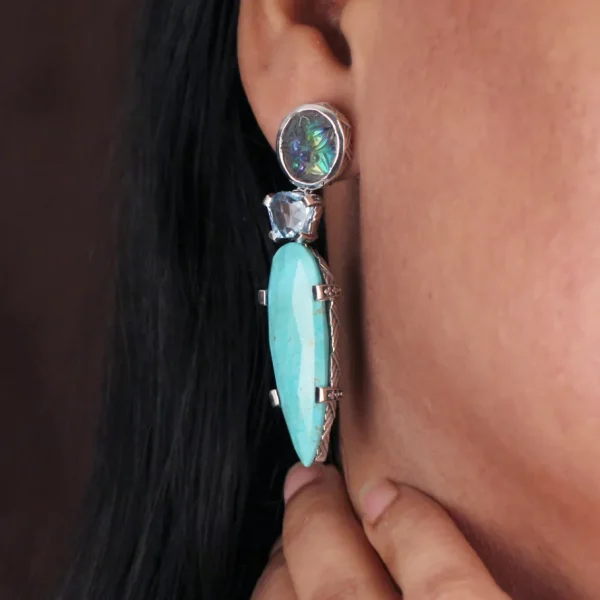 Stephen Dweck Carventurous Hand Carved Natural Quartz Abalone Faceted Blue Topaz and Faceted Turquoise Earrings in Sterling Silver< Earrings