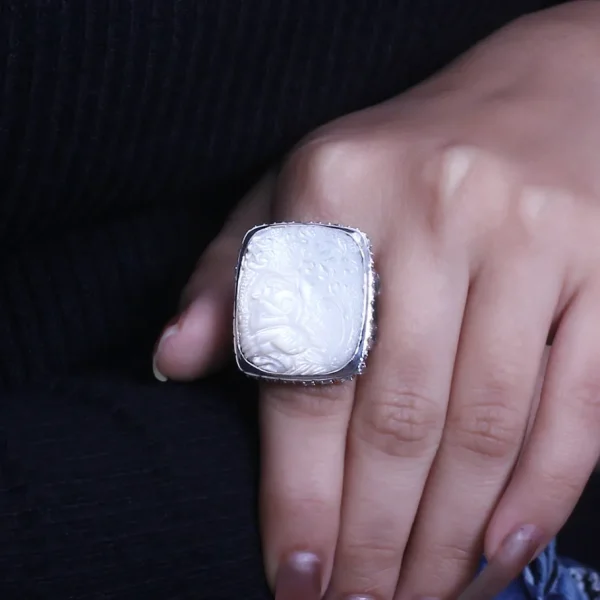 Stephen Dweck Carventurous Hand Carved Mother of Pearl Rainbow Moonstone and Natural Quartz Ring in Sterling Silver< Rings