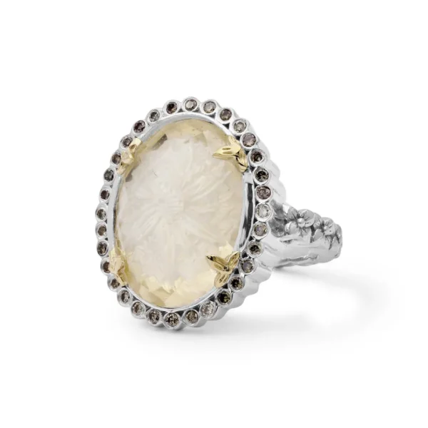 Stephen Dweck Carventurous Internally Carved Natural Quartz Gold Lining with Champagne Diamonds Ring in Sterling Silver with 18K Gold Flowers< Rings