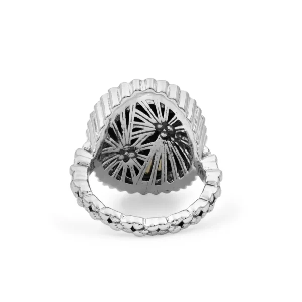 Stephen Dweck Carventurous Internally Carved Natural Quartz Gold Lining with Champagne Diamonds Ring in Sterling Silver with 18K Gold Flowers< Rings