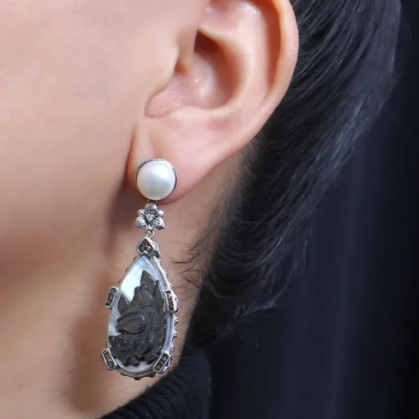 Stephen Dweck Carventurous White Pearl Carved Mother of Pearl Earrings with Champagne Diamonds in Sterling Silver< Earrings