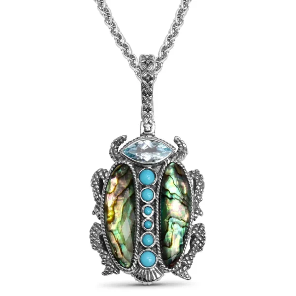 Stephen Dweck Garden of Stephen Blue Topaz Turquoise Natural Quartz and Abalone Scarab Pendant in Sterling Silver< Necklace