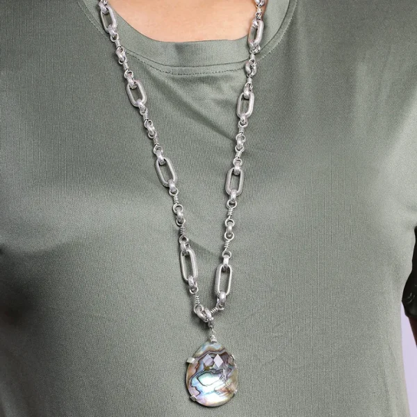 Stephen Dweck Garden of Stephen Faceted Natural Quartz and Abalone Pendant with Sterling Silver Link Chain< Necklace