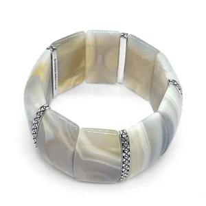 Stephen Dweck Garden of Stephen Grey Stripe Agate Slip-On Bracelet with Flower Engraved Sterling Silver Spacers< Bracelets