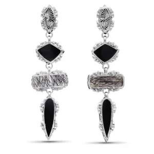 Stephen Dweck Garden of Stephen Natural Quartz Mother of Pearl Black Hair Rutilated Quartz Black Agate Dangle Earrings in Sterling Silver< Earrings