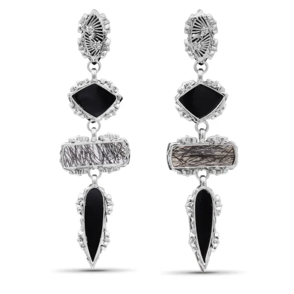 Stephen Dweck Garden of Stephen Natural Quartz Mother of Pearl Black Hair Rutilated Quartz Black Agate Dangle Earrings in Sterling Silver< Earrings