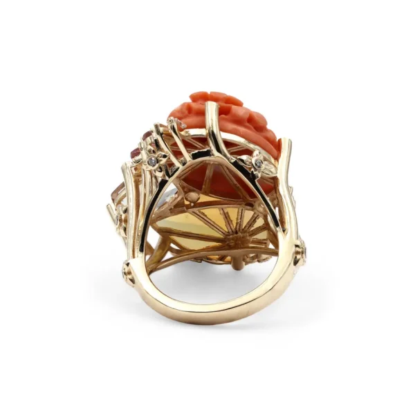 Stephen Dweck Luxury Hand Carved Coral 14.5ct Ethiopian Opal 5.1ct Morganite 1.5ct Pink Tourmaline 0.40ct and Diamond 0.45ct Ring in 18K Gold< Rings