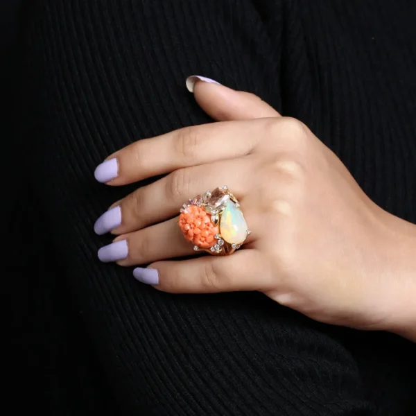 Stephen Dweck Luxury Hand Carved Coral 14.5ct Ethiopian Opal 5.1ct Morganite 1.5ct Pink Tourmaline 0.40ct and Diamond 0.45ct Ring in 18K Gold< Rings