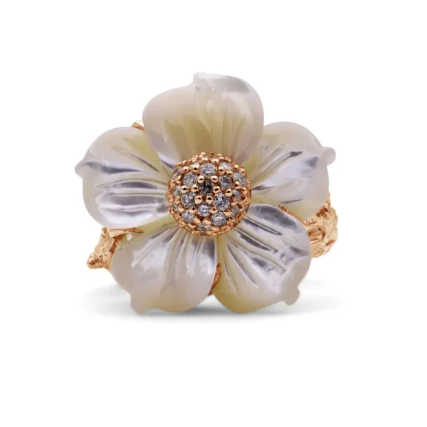 Stephen Dweck Luxury Hand Carved Mother of Pearl and Diamond Ring in 18K Rose Gold< Rings