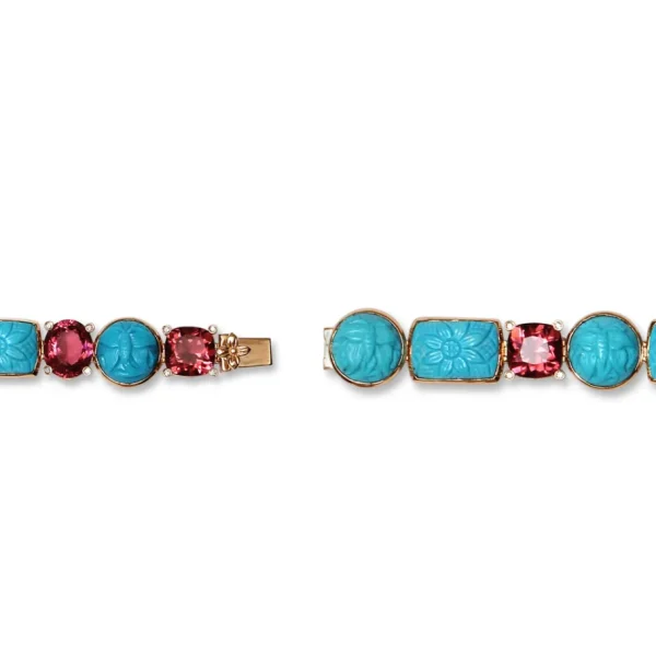 Stephen Dweck Luxury Hand Carved Turquoise 73.3ct Pink Tourmaline 23.4ct and Diamond 0.20ct Bracelet in 18K Gold< Bracelets