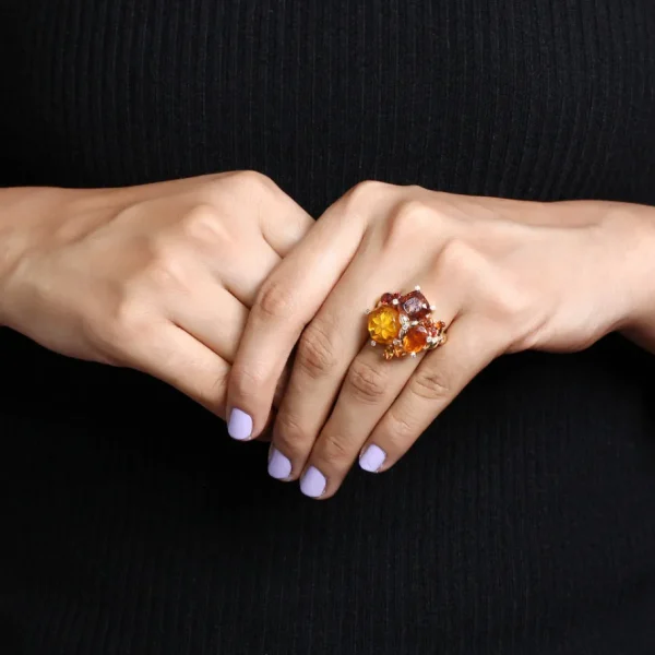 Stephen Dweck Luxury Pink Tourmaline 4.55ct Internally Carved Amber 2.2ct Fire Opal 0.95ct Garnet 0.45ct Orange Sapphire 0.45ct Citrine 0.40ct and Diamond 0.20ct Ring in 18K Gold< Rings