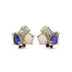 Stephen Dweck Luxury Tanzanite 15.5ct Emerald 3.1ct Opal 4.4ct Blue Sapphire Tsavorite Chrome Diopside and Diamond 0.20ct Earring in 18K Gold< Earrings