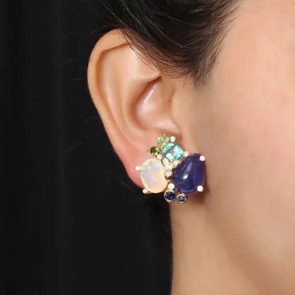 Stephen Dweck Luxury Tanzanite 15.5ct Emerald 3.1ct Opal 4.4ct Blue Sapphire Tsavorite Chrome Diopside and Diamond 0.20ct Earring in 18K Gold< Earrings