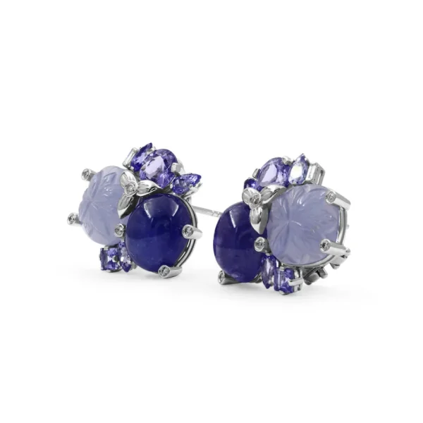 Stephen Dweck Luxury Tanzanite Hand Carved Chalcedony and Diamond 0.25ct Earrings in 18K Gold< Earrings