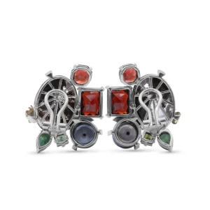 Stephen Dweck One of a Kind Green Tourmaline Facet Orissa Garnet Green Pearl Emerald Garnet Facet Flat back Red Moss Quartz and Diamond 0.04ct Earring in Sterling Silver with 18K Gold Adam< Earrings