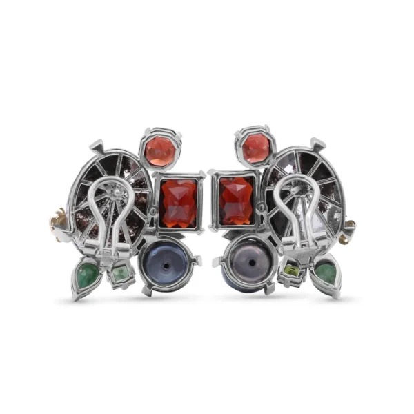 Stephen Dweck One of a Kind Green Tourmaline Facet Orissa Garnet Green Pearl Emerald Garnet Facet Flat back Red Moss Quartz and Diamond 0.04ct Earring in Sterling Silver with 18K Gold Adam< Earrings