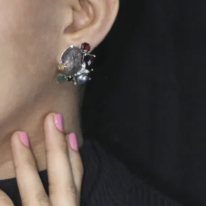 Stephen Dweck One of a Kind Green Tourmaline Facet Orissa Garnet Green Pearl Emerald Garnet Facet Flat back Red Moss Quartz and Diamond 0.04ct Earring in Sterling Silver with 18K Gold Adam< Earrings
