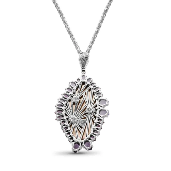 Stephen Dweck One of a Kind Hand Carved Yttrium Fluorite Pink Tourmaline Lavender Moon Quartz Amethyst Bloodstone Bead and Diamond Pendant in Sterling Silver with 18K Gold Flowers and Adam< Necklace