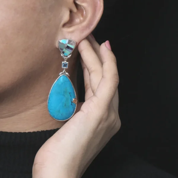 Stephen Dweck One of a Kind Pastel color mosaic Blue Topaz Turquoise and Champagne Diamond 0.19ct Earring in Sterling Silver with 18K Gold Adam< Earrings