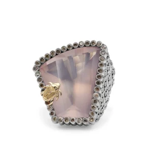 Stephen Dweck One of a Kind Rose Quartz 25.5ct and Champagne Diamond 0.55ct Ring in Sterling Silver with 18K Gold Adam< Rings