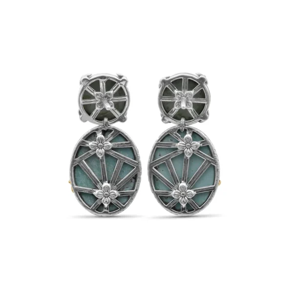 Stephen Dweck One of a Kind Top Facet Natural Quartz Over Green Turquoise and Smooth Green Turquoise Earring in Sterling Silver with 18K Gold Adam< Earrings