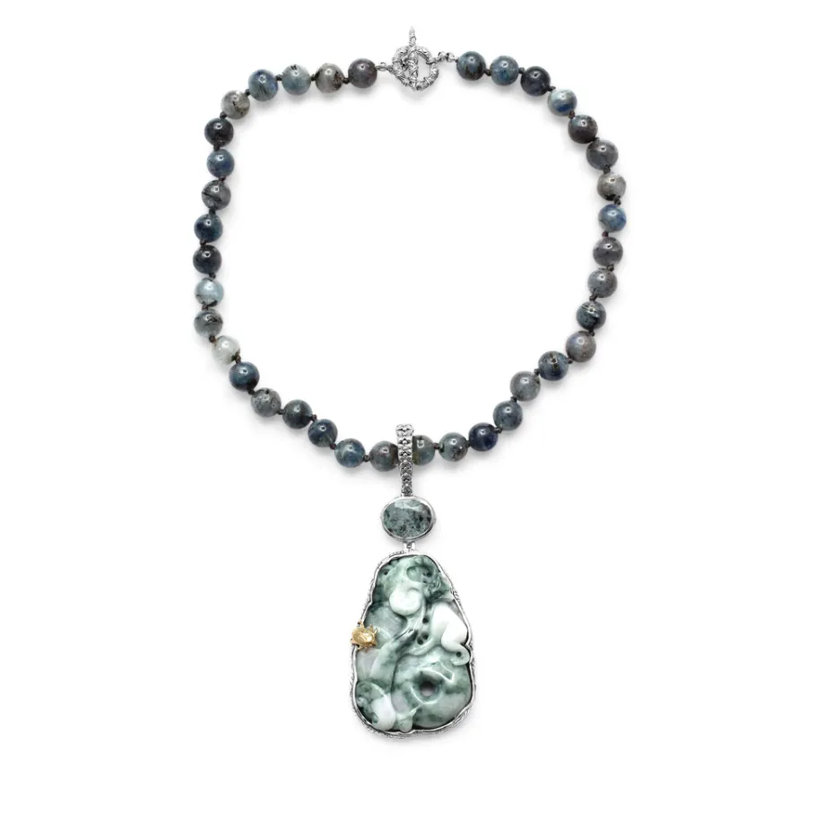 Stephen Dweck One of a Kind Vintage Hand Carved Jade Rutilated Aquamarine and Aquamarine Bead Necklace in Sterling Silver with 18K Gold Adam< Necklace