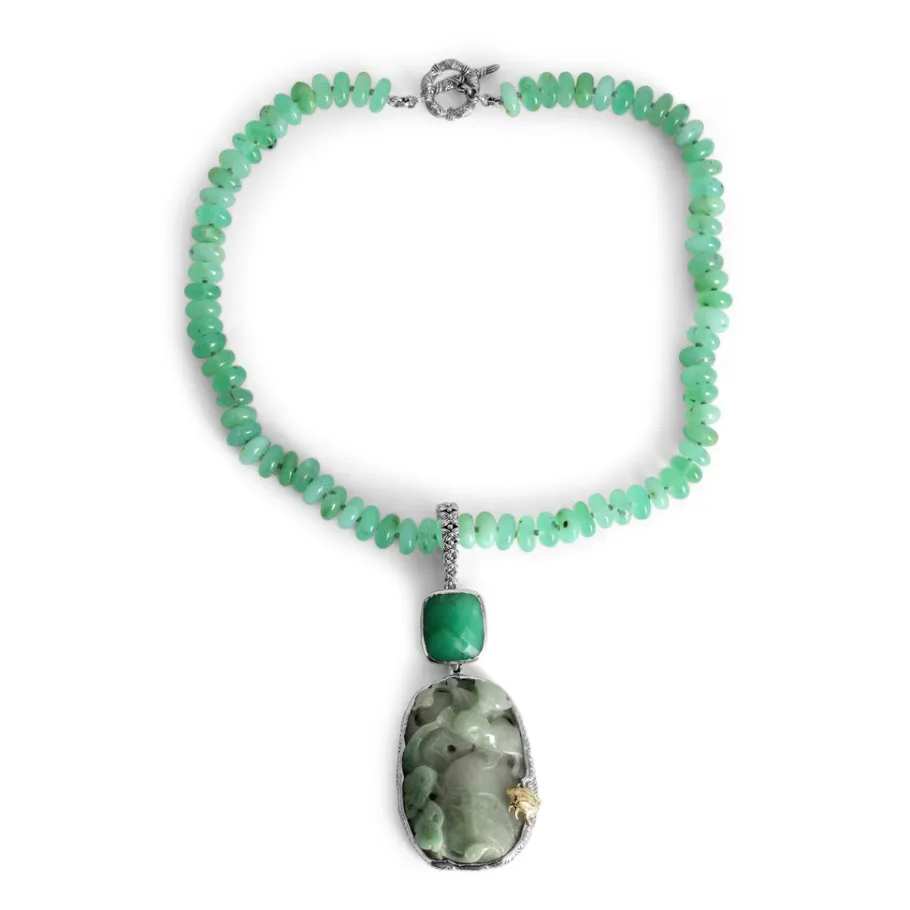 one_of_a_kind_vintage_han_0-2.webp Stephen Dweck One of a Kind Vintage Hand Carved Jade Faceted Chrysoprase and Chrysoprase Bead Necklace in Sterling Silver with 18K Gold Adam< Necklace