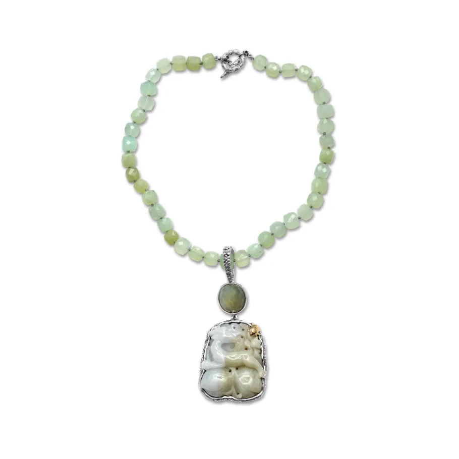 Stephen Dweck One of a Kind Vintage Hand Carved Jade Faceted Moonstone and Chalcedony Pendant in Sterling Silver with 18K Gold Adam< Necklace
