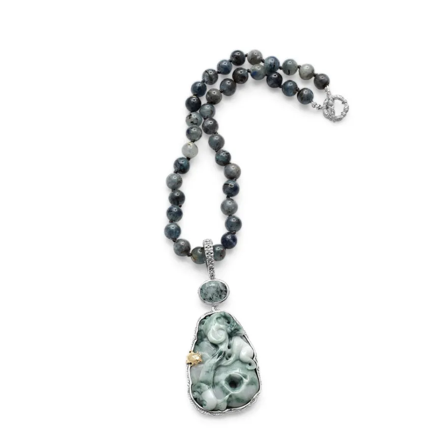 Stephen Dweck One of a Kind Vintage Hand Carved Jade Rutilated Aquamarine and Aquamarine Bead Necklace in Sterling Silver with 18K Gold Adam< Necklace