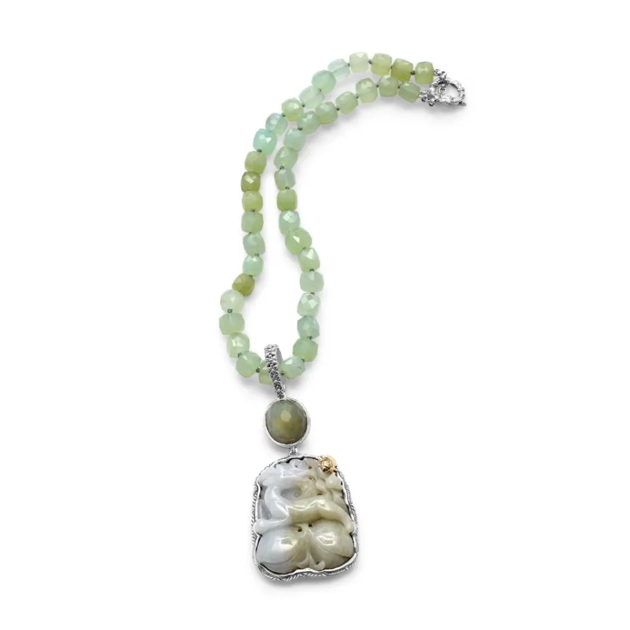 Stephen Dweck One of a Kind Vintage Hand Carved Jade Faceted Moonstone and Chalcedony Pendant in Sterling Silver with 18K Gold Adam< Necklace
