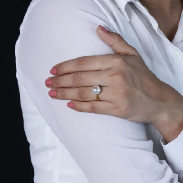 Stephen Dweck Pearlicious 10mm White Pearl and White Diamond Ring in 18K Gold< Rings
