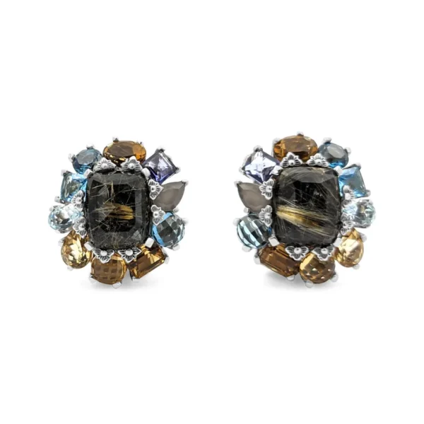 Stephen Dweck Rockrageous Flower Cluster Drop with Gold Rutilated Qtz Over Hematite, Sky, Swiss and London Blue Topaz, Citrine, Iolite, Grey Moonstone Gemstones Earring in Sterling Silver< Earrings
