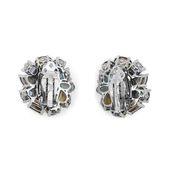 Stephen Dweck Rockrageous Flower Cluster Drop with Gold Rutilated Qtz Over Hematite, Sky, Swiss and London Blue Topaz, Citrine, Iolite, Grey Moonstone Gemstones Earring in Sterling Silver< Earrings