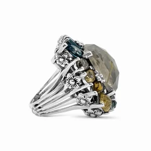 Stephen Dweck Rockrageous Gold Hair Rutilated Quartz Hematite Sky Swiss and London Blue Topaz Cognac Whiskey and Smoky Quartz Ring in Sterling Silver< Rings