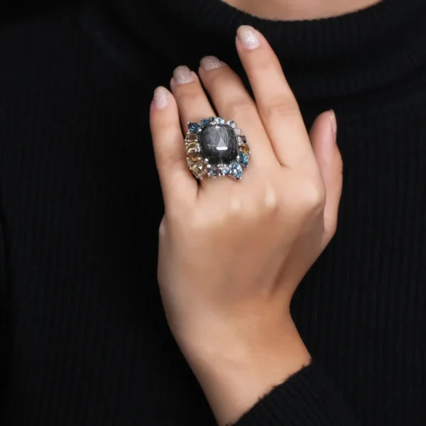 Stephen Dweck Rockrageous Gold Hair Rutilated Quartz Hematite Sky Swiss and London Blue Topaz Cognac Whiskey and Smoky Quartz Ring in Sterling Silver< Rings
