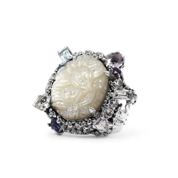 Stephen Dweck Rockrageous Hand Carved Mother of Pearl Lavender Moon Quartz Amethyst Iolite Blue and White Topaz Ring In Sterling Silver< Rings