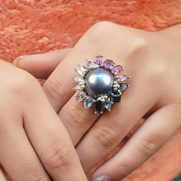 Stephen Dweck Rockrageous Mabe Pearl Amethyst Blue Topaz and Lavender Moon Quartz Ring in Sterling Silver.< Rings