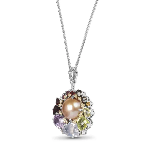 Stephen Dweck Rockrageous Multi-Hued Citrine Rhodolite Garnet Tourmaline Amethyst Sapphire Lavender Moon and Smoky Quartz and Mabe Pearl Pendant in Sterling Silver with 18K Gold and Diamond Flowers< Necklace